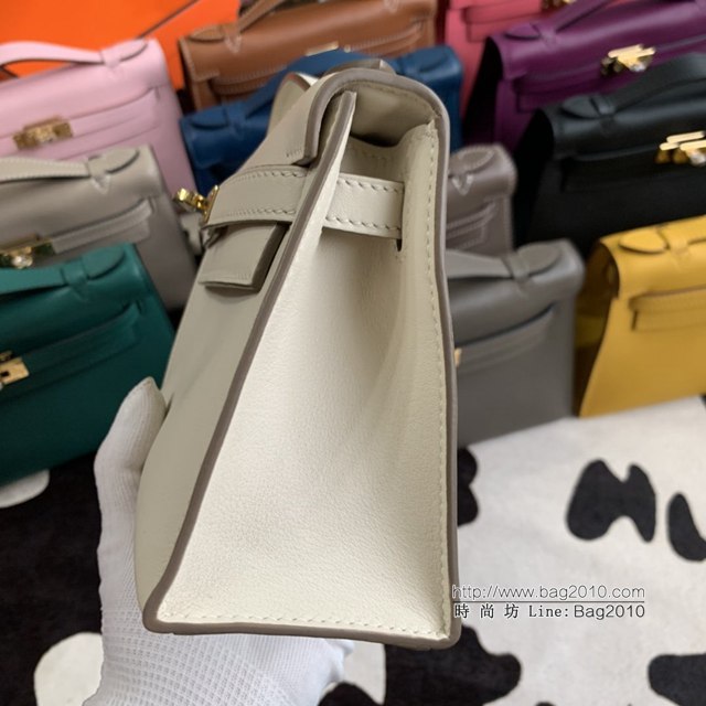 Hermes凱利女包 愛馬仕Minikelly pochette一代 原廠進口swift皮 半手工蠟線 奶昔白 金銀扣  tdh2272
